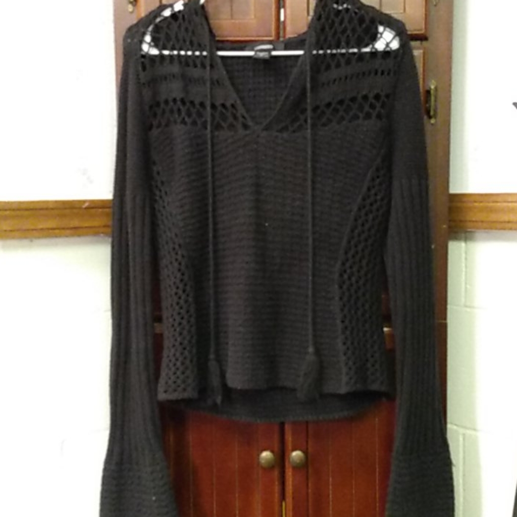 Women's Black Long Sleeve Hooded Lacy Sweater
